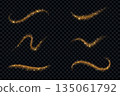 Golden glitter dust on black background. Textured sequins waves with shimmering light trails and sparkles for luxury design projects. Vector glowing of sand powder. 135061792