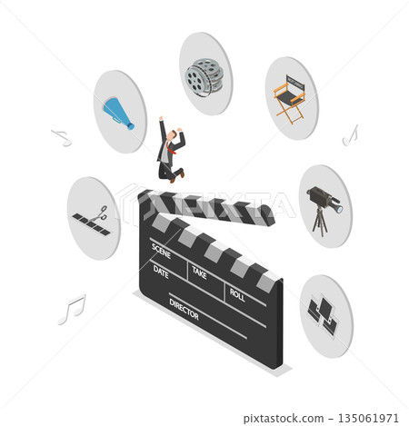 3D Isometric Flat  Illustration of Movie or Cinema Elements, Using Clapperboard To Shoot Film 135061971