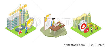 3D Isometric Flat  Illustration of Safety and Health at Work, Productive Working Environment 135061974
