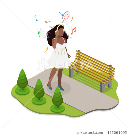 3D Isometric Flat  Illustration of Online Audio Library, Concept Of Enjoying Music Through Headphones, A Love For Sounds And Listening 135061995