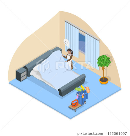 3D Isometric Flat  Illustration of Hotel Room Cleaning Service, Maid Changing Bedding 135061997