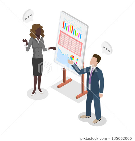3D Isometric Flat  Illustration of Informative Presentation, Confident Man Captivates Audience With Informative Presentation Using Diagrams And Gestures 135062000