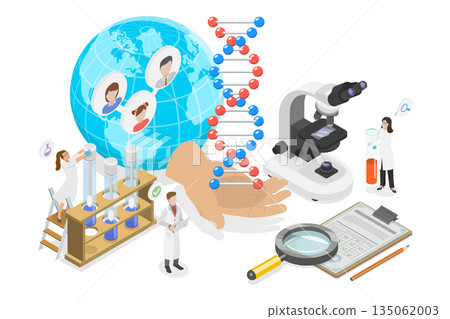 3D Isometric Flat  Illustration of Research and Science, DNA And Gene Mutations 135062003
