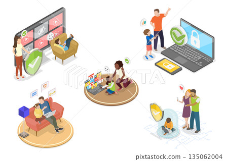 3D Isometric Flat  Illustration of Internet Cyber Safety, Parental Control 135062004