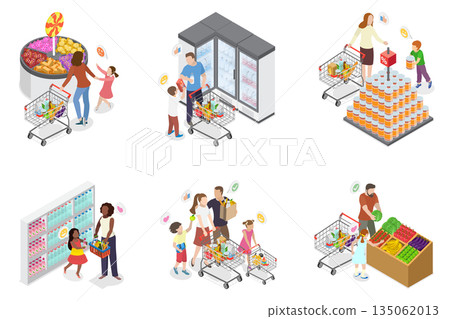 3D Isometric Flat  Illustration of Shoppers at Hypermarket, Family Members Maneuver Through Supermarket, Kids Excited For Treats, Parents Managing Shopping Lists 135062013