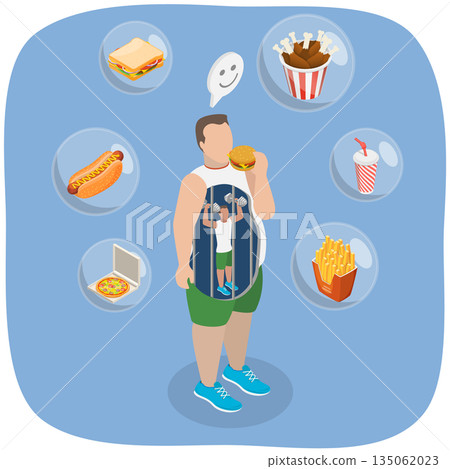 3D Isometric Flat  Illustration of Obesity and Overweight Problem, Unhealthy Diet and Junk Food 135062023