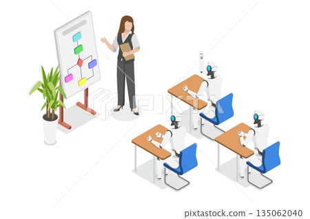3D Isometric Flat  Illustration of Interactive Neural Network, Machine Learning Algorithms 135062040
