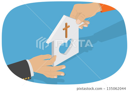 3D Isometric Flat  Illustration of Christianity, Christian Church Model Promotes Catholic Charitable Foundation Helping People In Need 135062044