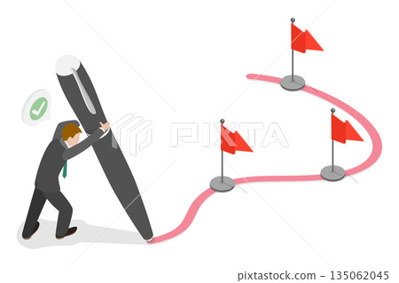 3D Isometric Flat Illustration of Way To Goal, Man Strategizes Future Through Goal-Setting And Progress Mapping To Achieve Big Dreams 3D Isometric Flat Illustration of Way To Goal, Man Strategizes Future Through Goal-Setting And Progress Mapping To Achieve Big Dreams 135062045
