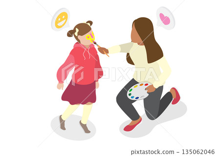 3D Isometric Flat Illustration of Children Face Makeup, Skillful Woman Animator Creates Magical Butterfly Face Painting For Child 3D Isometric Flat Illustration of Children Face Makeup, Skillful Woman Animator Creates Magical Butterfly Face Painting For Child 135062046