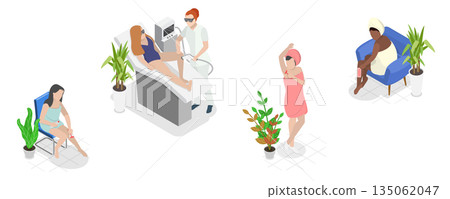 3D Isometric Flat  Illustration of Hair Removal, Young Women Performing Beauty Procedures 135062047
