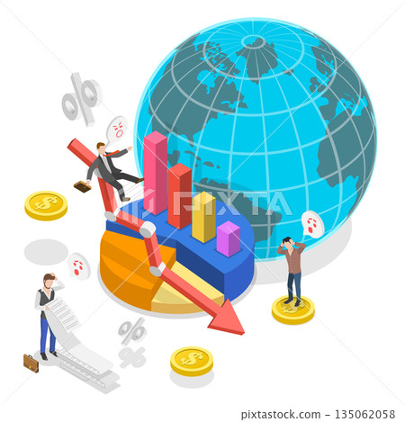 3D Isometric Flat  Illustration of Stock Failure, Businesspeople With Financial Problems And A Decreasing Arrow Chart 135062058