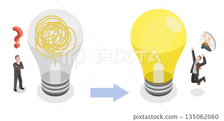 3D Isometric Flat  Illustration of Disorganized To Organized, Comparison Between Functioning And Non-Functioning Light Bulbs. 135062060