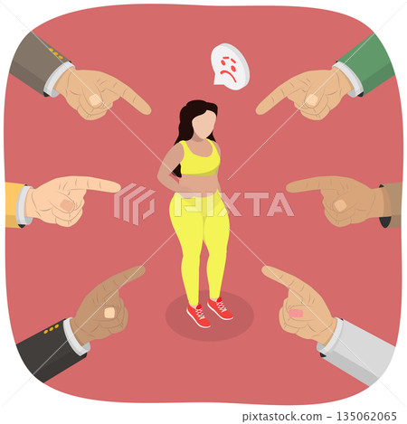 3D Isometric Flat  Illustration of Weight-based Teasing, People Pointing Fingers At An Overweight Woman 135062065