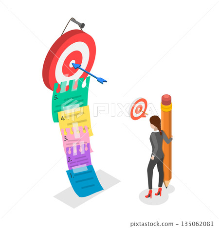 3D Isometric Flat Illustration of Tasks Prioritization, Businessman Using Sticky Notes To Plan And Manage Project Tasks On Kanban Board. 3D Isometric Flat Illustration of Tasks Prioritization, Businessman Using Sticky Notes To Plan And Manage Project Tasks On Kanban Board. 135062081
