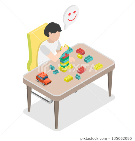 3D Isometric Flat  Illustration of Educational Toys, Cheerful Boy Playing With Blocks At The Table. 135062090