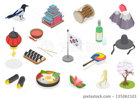 3D Isometric Flat  Illustration of South Korea National Symbols, Culture, Food, Nature, Architecture, And Landmarks 135062101