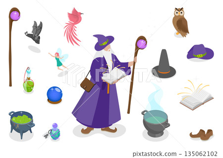3D Isometric Flat Illustration of Wizard Character, MagicianS Wizardry Set 3D Isometric Flat Illustration of Wizard Character, MagicianS Wizardry Set 135062102
