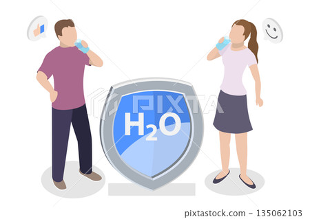 3D Isometric Flat Illustration of Hydration, People Cleans Toxins With Aqua Therapy While Drinking Water 3D Isometric Flat Illustration of Hydration, People Cleans Toxins With Aqua Therapy While Drinking Water 135062103