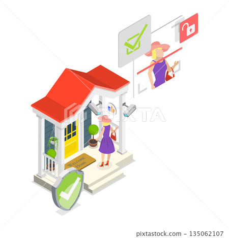 3D Isometric Flat  Illustration of Face Recognition System, Touch-Free Security Access Control 135062107