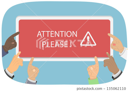 3D Isometric Flat Illustration of Important Announcement, Numerous Arms Indicating Towards The Banner 3D Isometric Flat Illustration of Important Announcement, Numerous Arms Indicating Towards The Banner 135062110