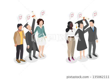 3D Isometric Flat  Illustration of Graduated Students, University or High School 135062111
