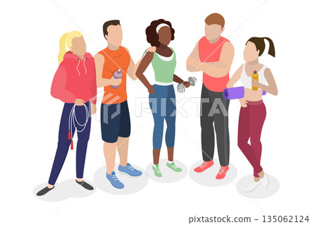 3D Isometric Flat  Illustration of Friends Workout Together, Excited People In Athletic Attire Pose In Gym With Fitness Gear 135062124