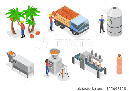 3D Isometric Flat Illustration of Farm Plantation, Palm Oil Production Process 3D Isometric Flat Illustration of Farm Plantation, Palm Oil Production Process 135062128