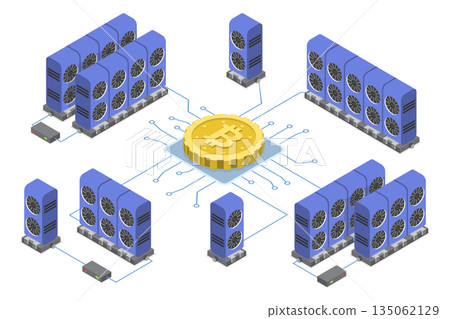 3D Isometric Flat Illustration of Crypto Farm, Bitcoin Mining 3D Isometric Flat Illustration of Crypto Farm, Bitcoin Mining 135062129