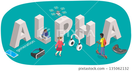 3D Isometric Flat  Illustration of Alpha Generation, Demography and Sociology 135062132