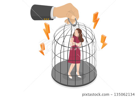3D Isometric Flat  Illustration of Girl In Birdcage, Man Dominates Relationship By Locking Unhappy Woman In Birdcage 135062134