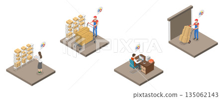 3D Isometric Flat  Illustration of Inventory And Warehouse, Preparing Products for Shipment 135062143