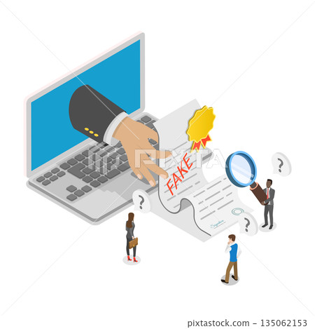 3D Isometric Flat Illustration of Fake Detector, Inspector Authenticates Phony Document 3D Isometric Flat Illustration of Fake Detector, Inspector Authenticates Phony Document 135062153