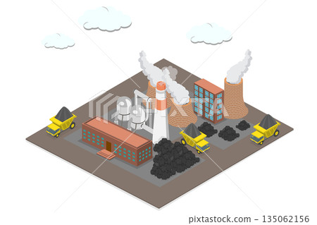 3D Isometric Flat Illustration of Coal Fired Power Plant, Coal Being Transported By Dump Trucks for Processing 3D Isometric Flat Illustration of Coal Fired Power Plant, Coal Being Transported By Dump Trucks for Processing 135062156