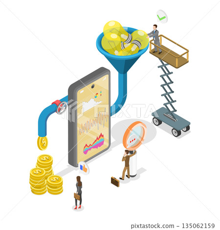 3D Isometric Flat  Illustration of Sales Funnel, Mobile App In Phone, Transforming Ideas Into Cash 135062159