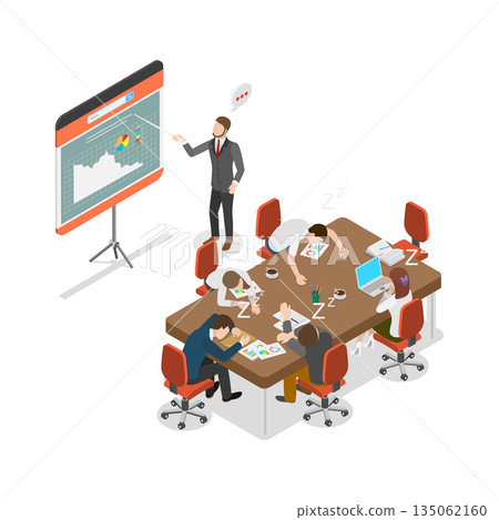 3D Isometric Flat  Illustration of Bored Meeting, Lackluster Businesspeople During Meetings Or Presentations 135062160