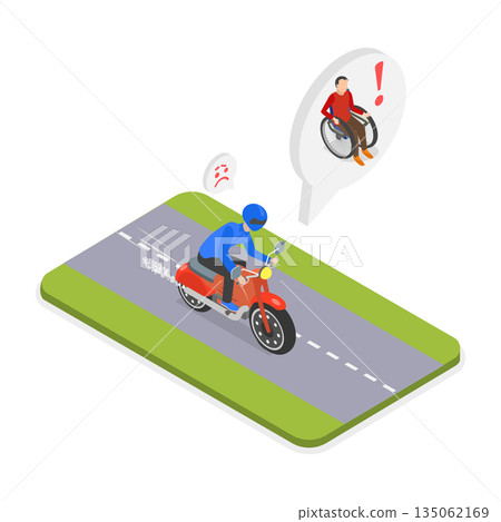 3D Isometric Flat  Illustration of Motorcycle Accident Consequences, Dangerous Road Traffic Accidents 135062169
