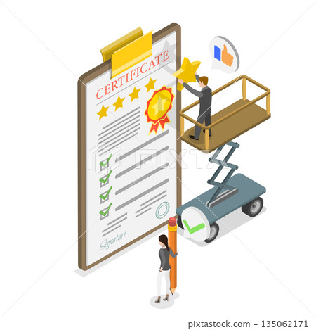 3D Isometric Flat Illustration of Quality Guaranteed, High Standards Control 3D Isometric Flat Illustration of Quality Guaranteed, High Standards Control 135062171