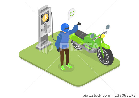 3D Isometric Flat  Illustration of Renewable Eco Technologies, Electric Motorbike Public Charging Station 135062172