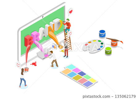 3D Isometric Flat  Illustration of Rebranding, Creating A Brand Name For A Product, Company, Or Service Through Strategic Planning And Creativity. 135062179