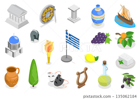 3D Isometric Flat  Illustration of Greece, Banner Design Featuring Cultural Elements For Travel Inspiration 135062184