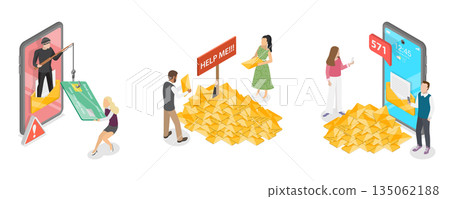 3D Isometric Flat Illustration of Spam, Excessive Emails, Phishing, And Scam Activity 3D Isometric Flat Illustration of Spam, Excessive Emails, Phishing, And Scam Activity 135062188
