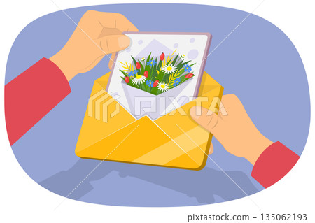 3D Isometric Flat Illustration of Holiday Postcard, Hands Opening Mail Envelope To Take Or Put Postcard 3D Isometric Flat Illustration of Holiday Postcard, Hands Opening Mail Envelope To Take Or Put Postcard 135062193