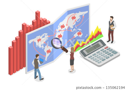 3D Isometric Flat Illustration of Population Research, Exploring Global Population Statistics With Magnifying Glass On World Map. 3D Isometric Flat Illustration of Population Research, Exploring Global Population Statistics With Magnifying Glass On World Map. 135062194