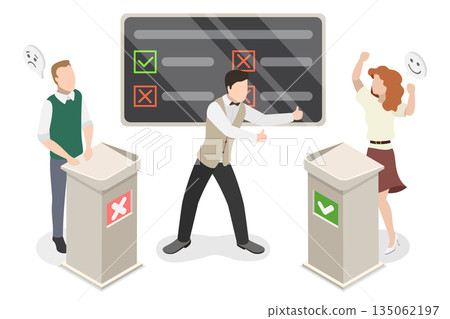 3D Isometric Flat Illustration of Trivia, TV Quiz Show With Host And Two Participants Answering Questions 3D Isometric Flat Illustration of Trivia, TV Quiz Show With Host And Two Participants Answering Questions 135062197