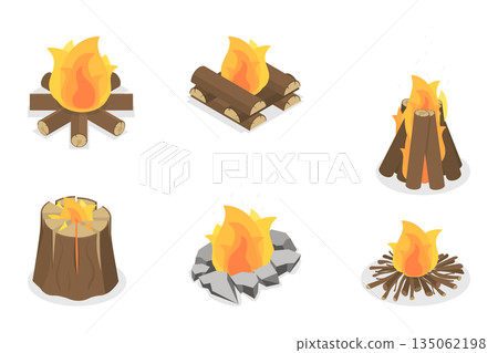 3D Isometric Flat  Set of Bonfires, Wooden Boards Used For Nighttime Outdoor Bonfire With Flaming Logs And Coals 135062198