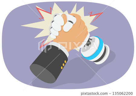 3D Isometric Flat Illustration of Human-robot Competition, Businessman Challenges Robot In Arm Wrestling Contest. 3D Isometric Flat Illustration of Human-robot Competition, Businessman Challenges Robot In Arm Wrestling Contest. 135062200