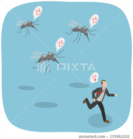 3D Isometric Flat Illustration of Mosquito Attack, Panicked Man Flees Giant Flying Insect 3D Isometric Flat Illustration of Mosquito Attack, Panicked Man Flees Giant Flying Insect 135062202