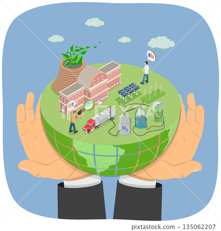 3D Isometric Flat  Illustration of Reduction Of CO2 Emission, Carbon Capturing 135062207