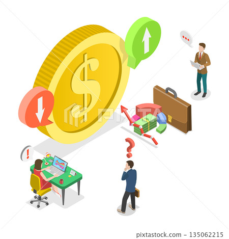 3D Isometric Flat Illustration of Cost Of Dollar, Fluctuating Costs With Arrow Movements 3D Isometric Flat Illustration of Cost Of Dollar, Fluctuating Costs With Arrow Movements 135062215